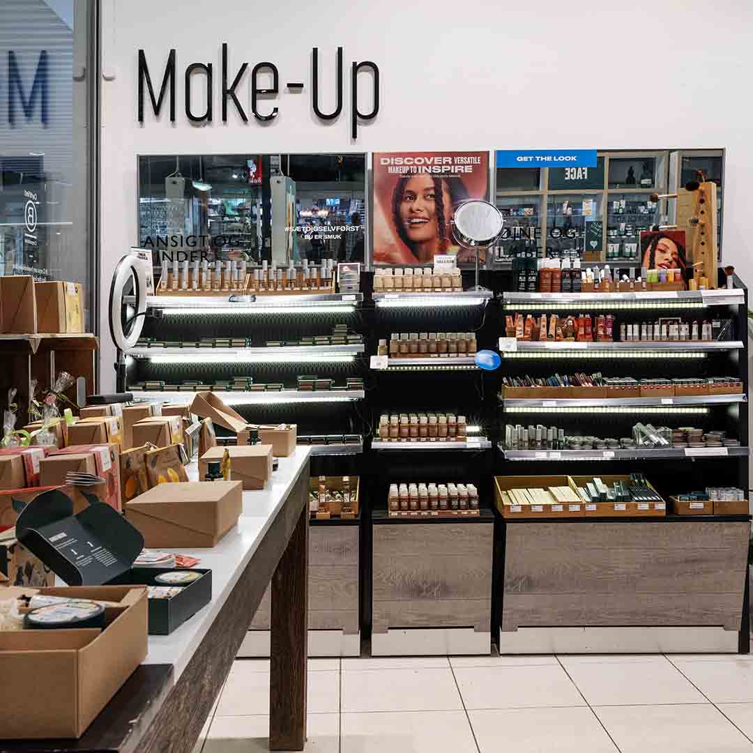 Large selection of makeup at The Body Shop in Frederiksberg.